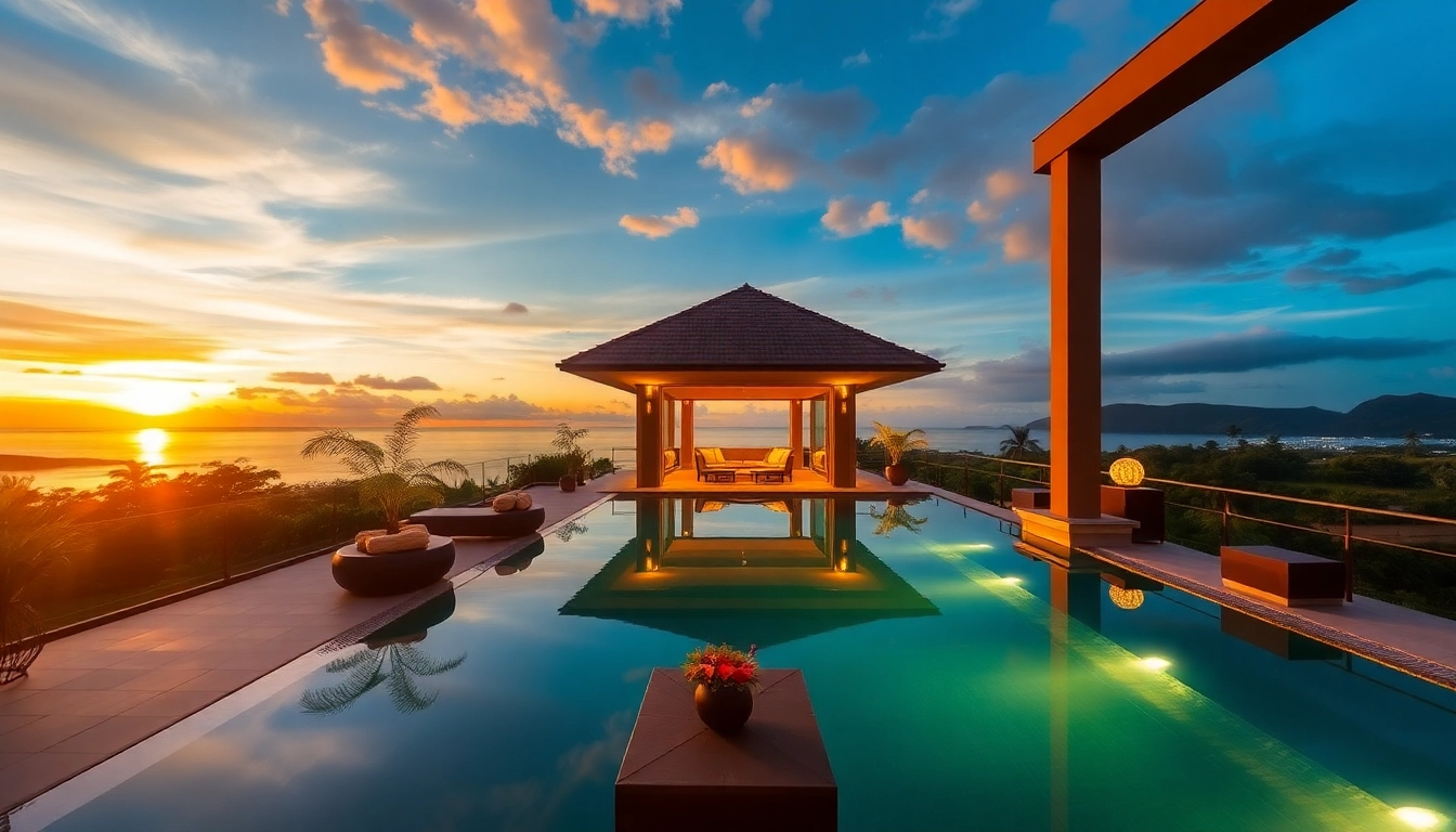 Real estate agent Phuket showcasing a luxurious villa with tropical landscaping and sunset views.