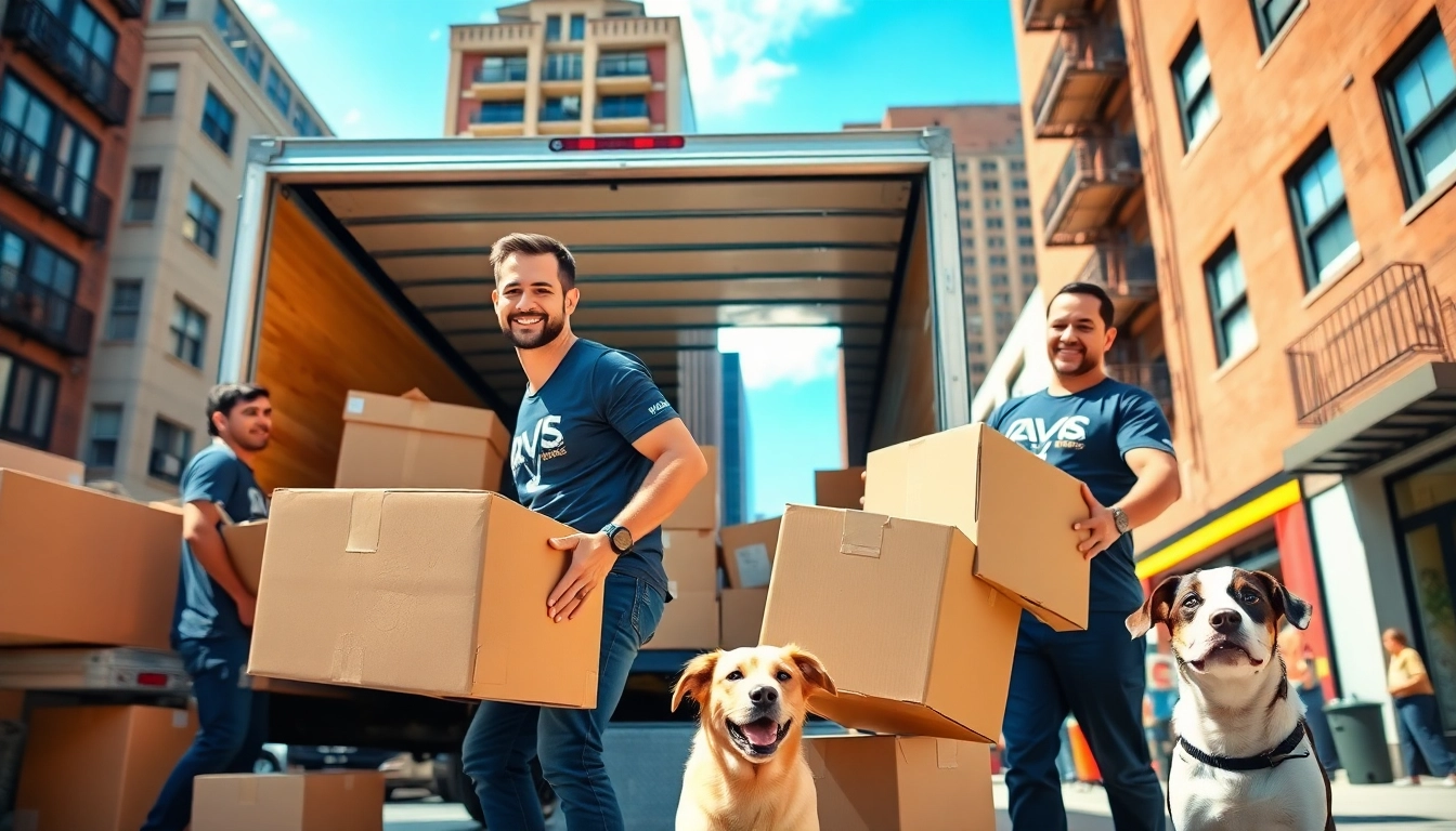 Bronx movers expertly loading boxes into a moving truck in a vibrant urban setting.