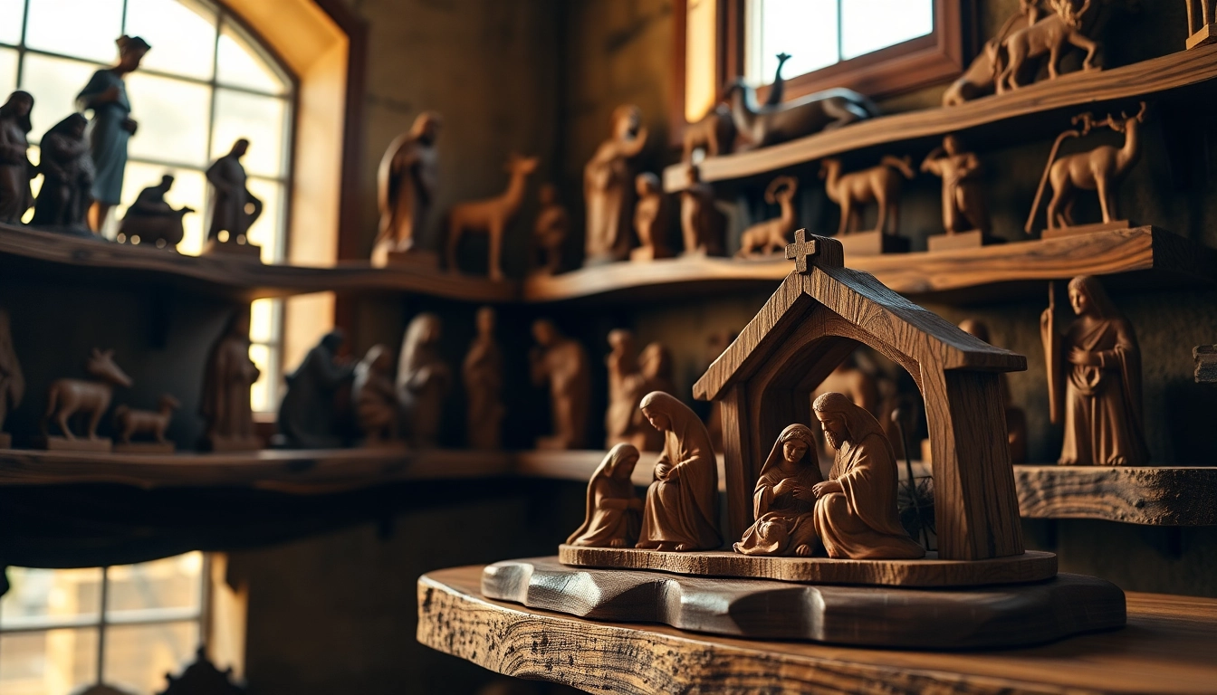 Explore intricate Olive wood carvings showcasing Nativity scenes on rustic shelves.