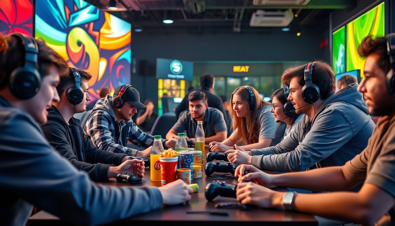 Permainan online dengan sekelompok pemain kompetitif di ruang gaming modern.