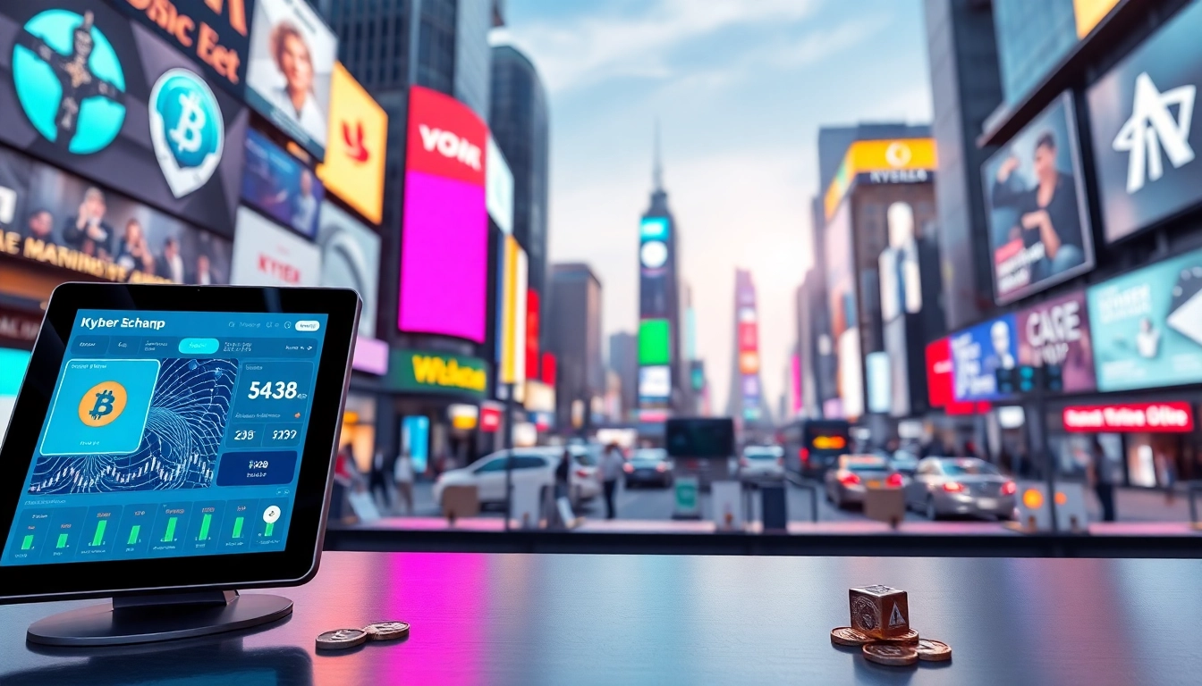 Engage with the interactive digital exchange showcasing kyber swap in a vibrant cityscape.