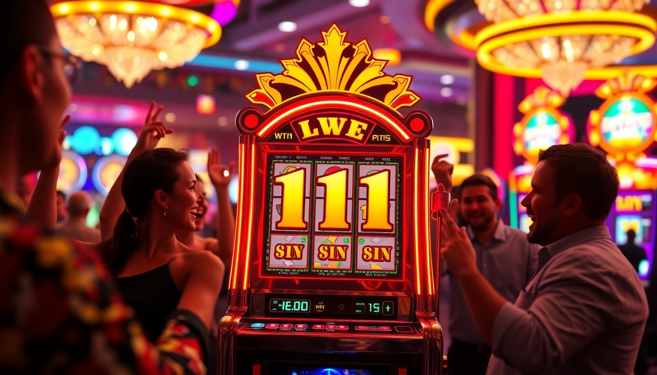 Menampilkan pemain yang merayakan kemenangan di mesin luxury111 slot yang mewah.