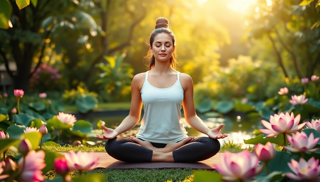Meditating with yoga mantras in a tranquil garden, surrounded by lotus flowers and greenery.