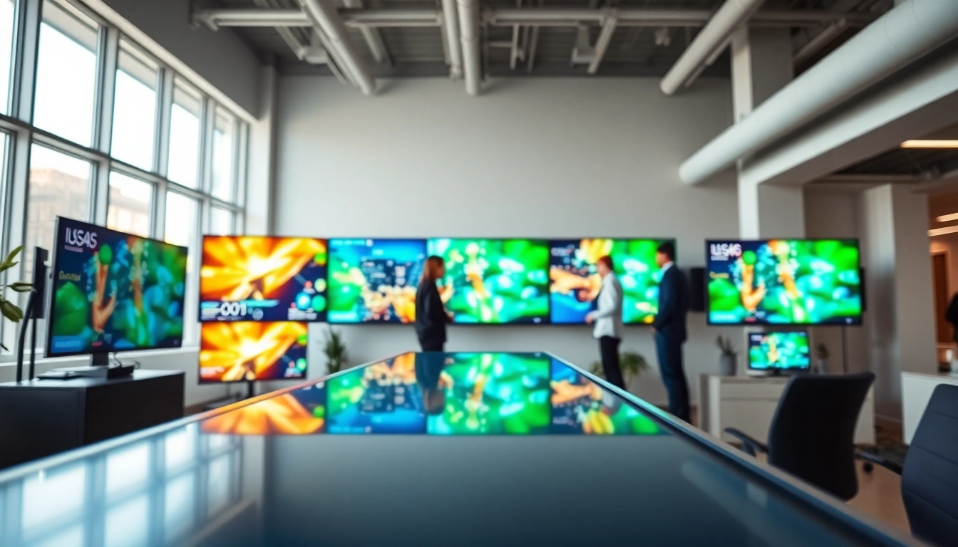 Showcasing a Cloud-based digital signage solution in a professional office setup with vibrant displays.
