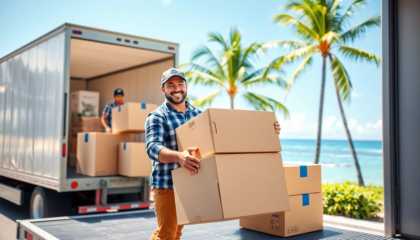 Movers from Alaska to Hawaii loading boxes in a sunny, tropical setting with a beautiful ocean view.