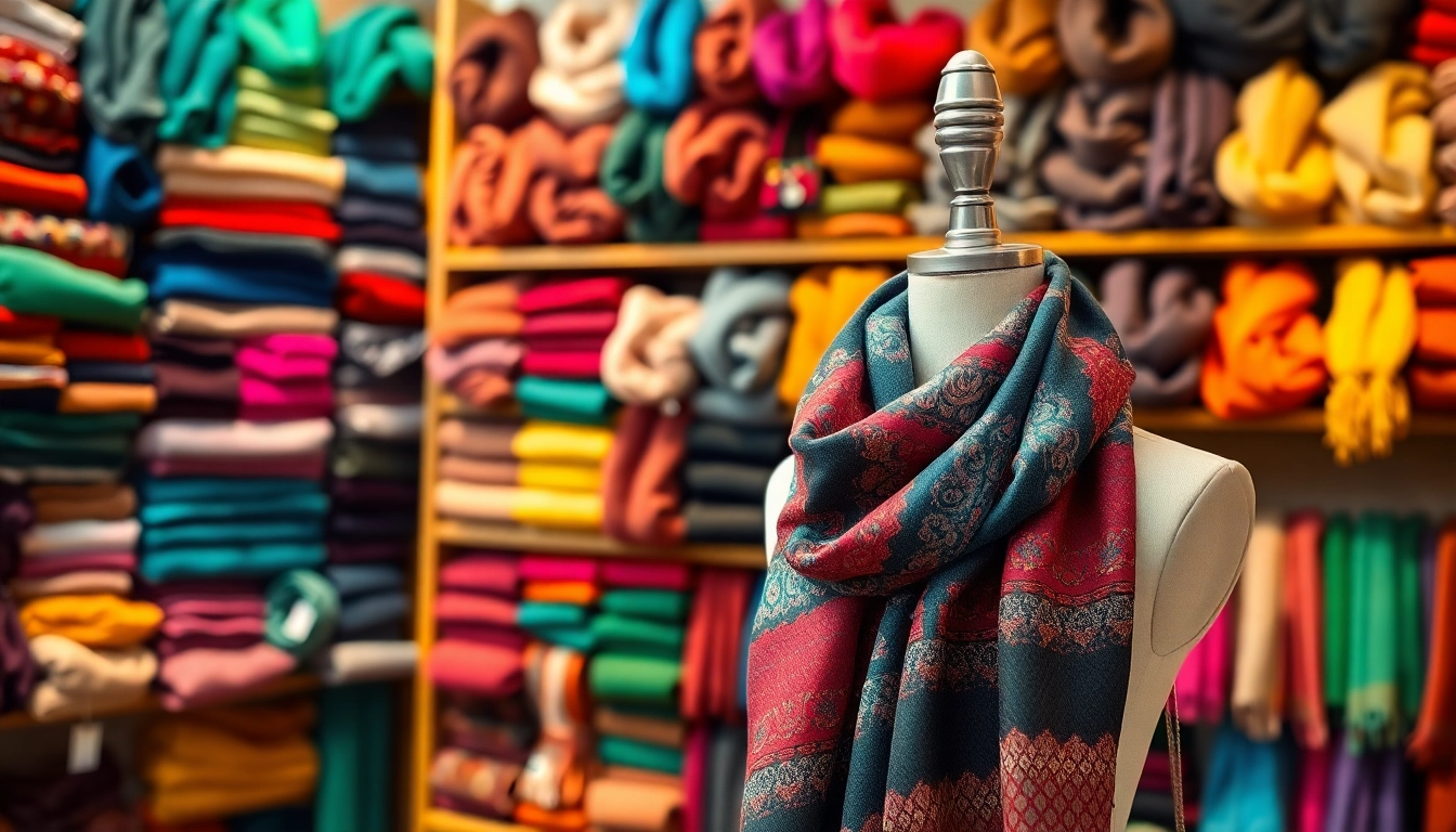 Shop for beautifully designed scarves near me displayed elegantly in a cozy boutique setting.