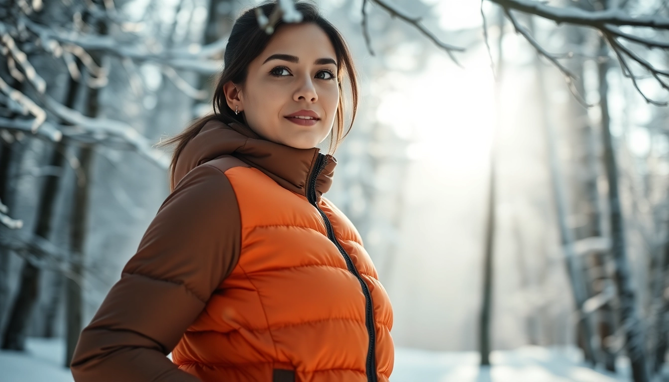 Stylish woman showcasing a Puffer Jacket for women in a snowy outdoor setting