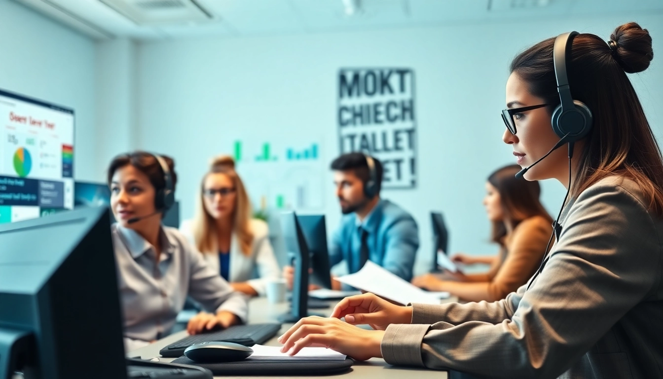 Utilize Outsource Call Center Services with focused agents collaborating in a modern, professional environment.