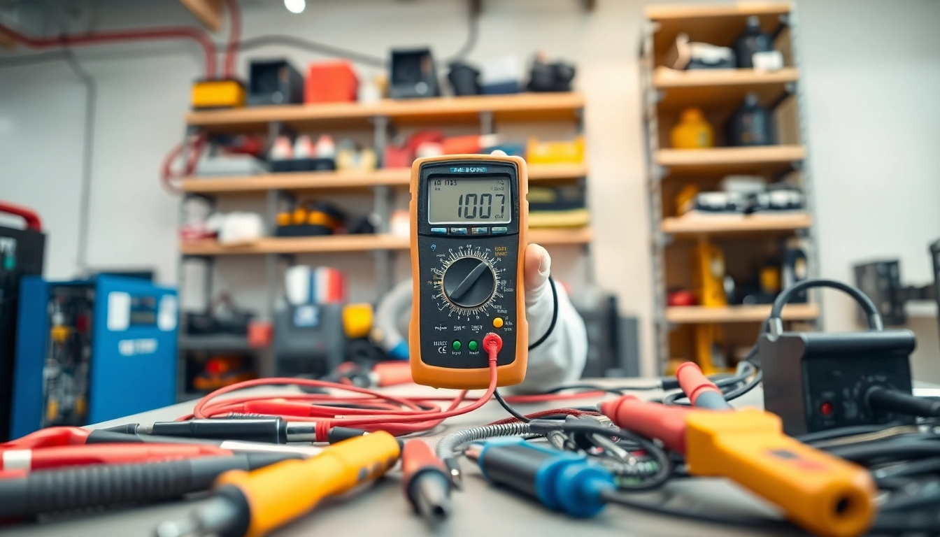 Electrician performing Electrical Equipment Testing with precision using a multimeter in a workshop.