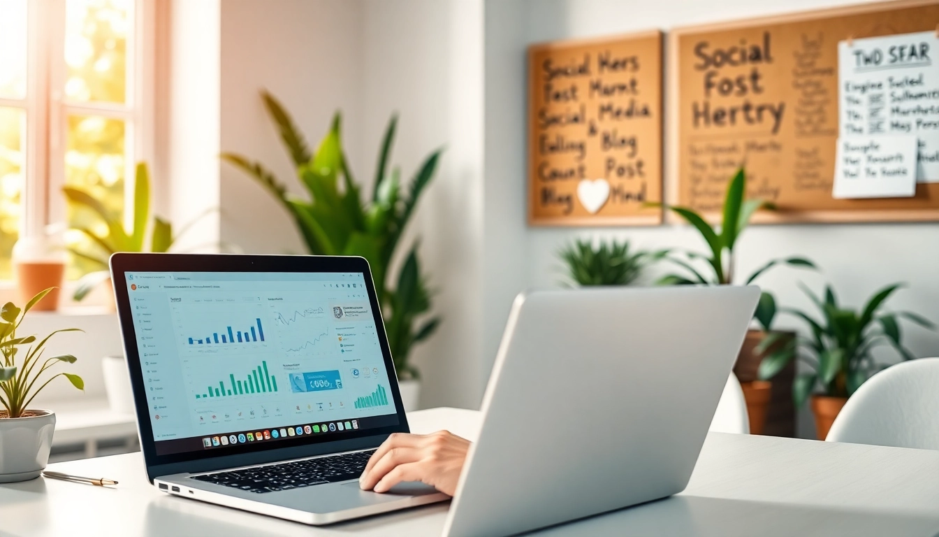 Engaged marketer optimizing social media and blog automation in a bright office environment.