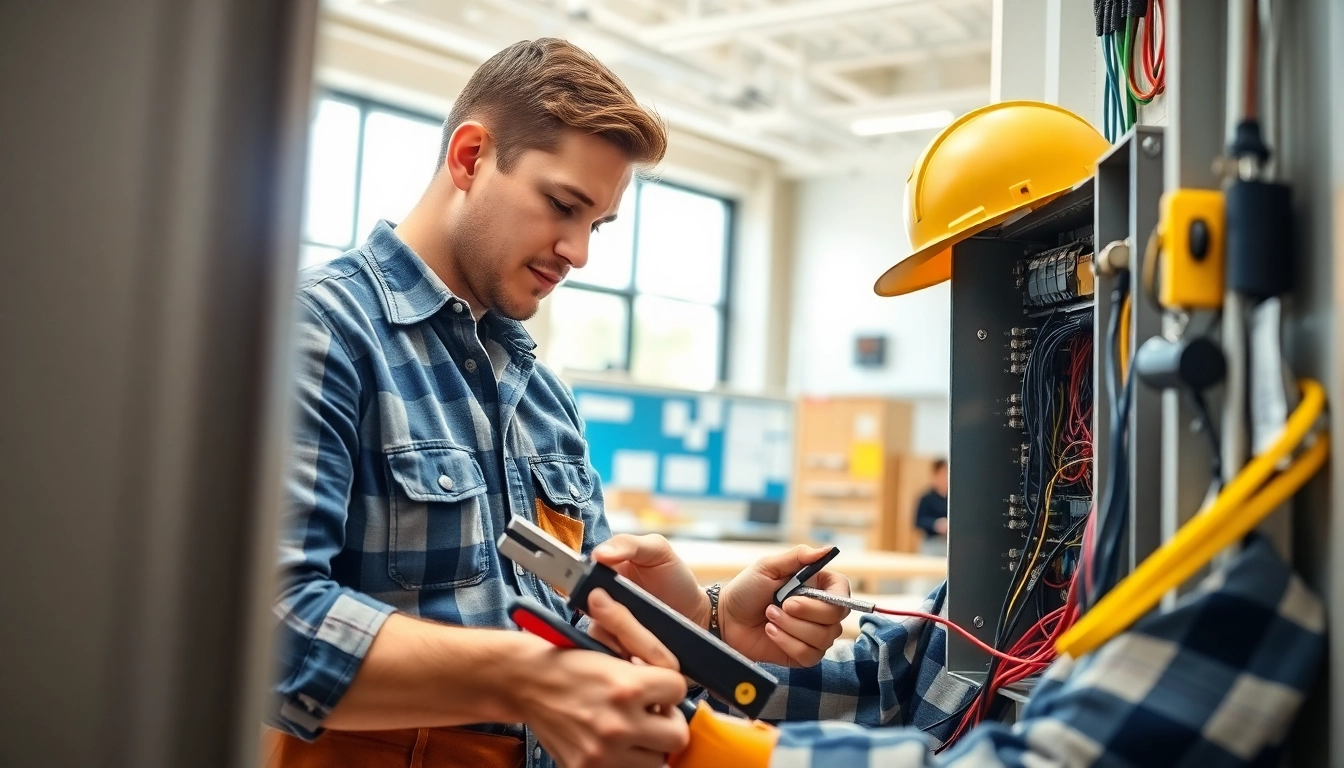 Electrician trade school Colorado student working on an electrical panel in a modern classroom.