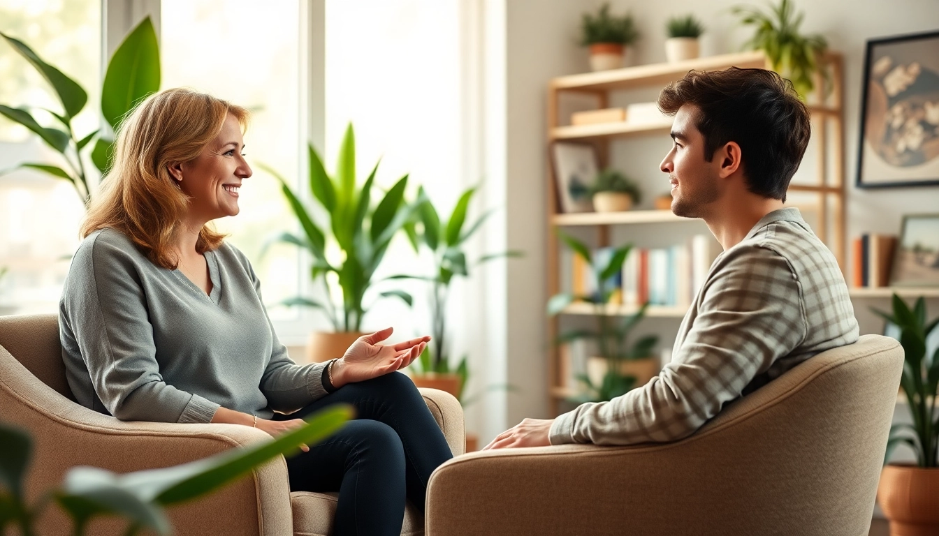 Therapist supports a client dealing with anxiety in a calming office environment.