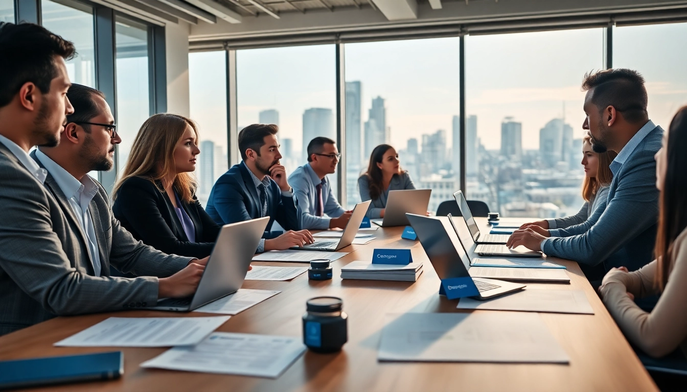 Buyers negotiating in a modern office during a business meeting with contracts and laptops.