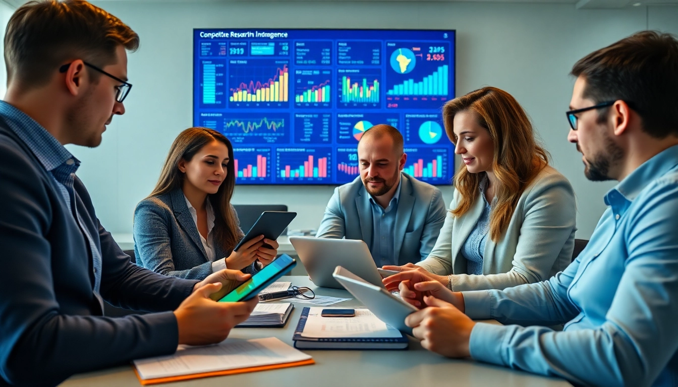 Analyze competitive intelligence data with a professional research team in a modern collaborative setting.