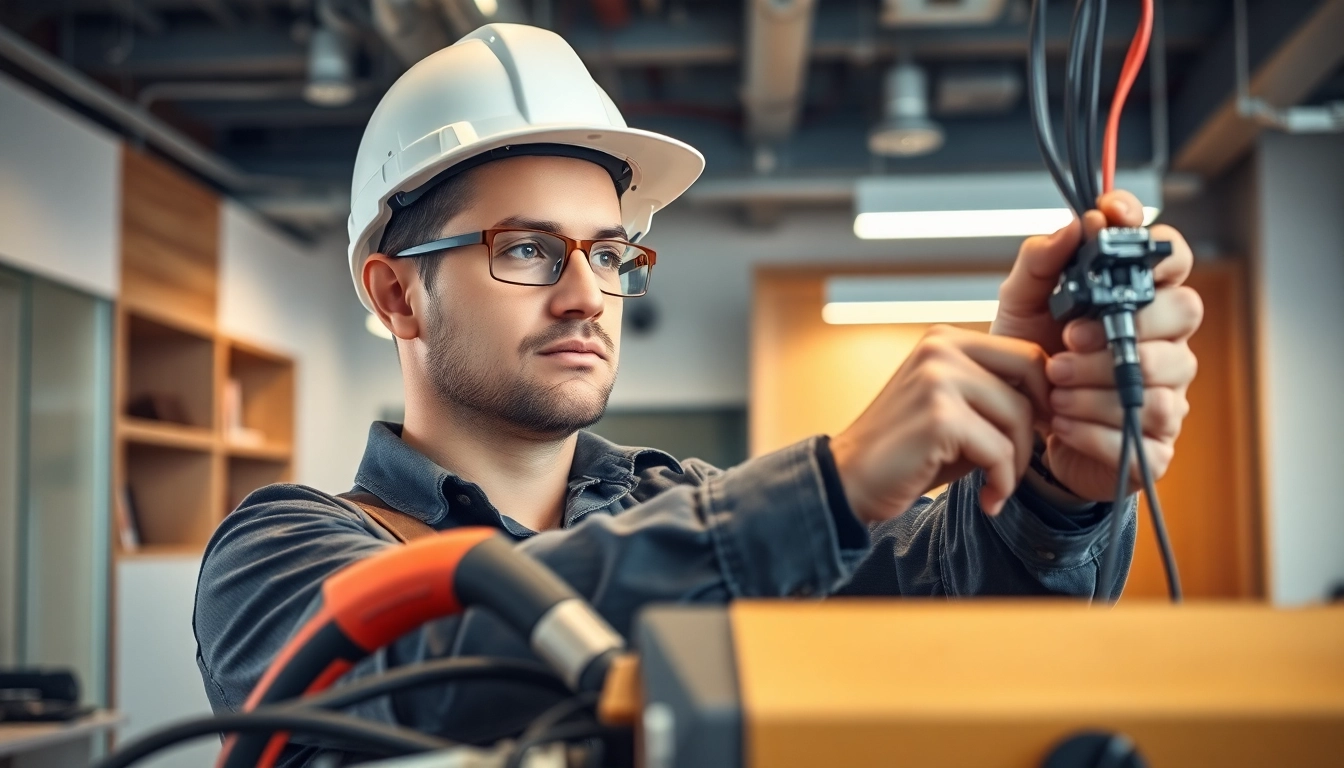 Electrical Contractor examining cables in a modern office environment with professional tools.