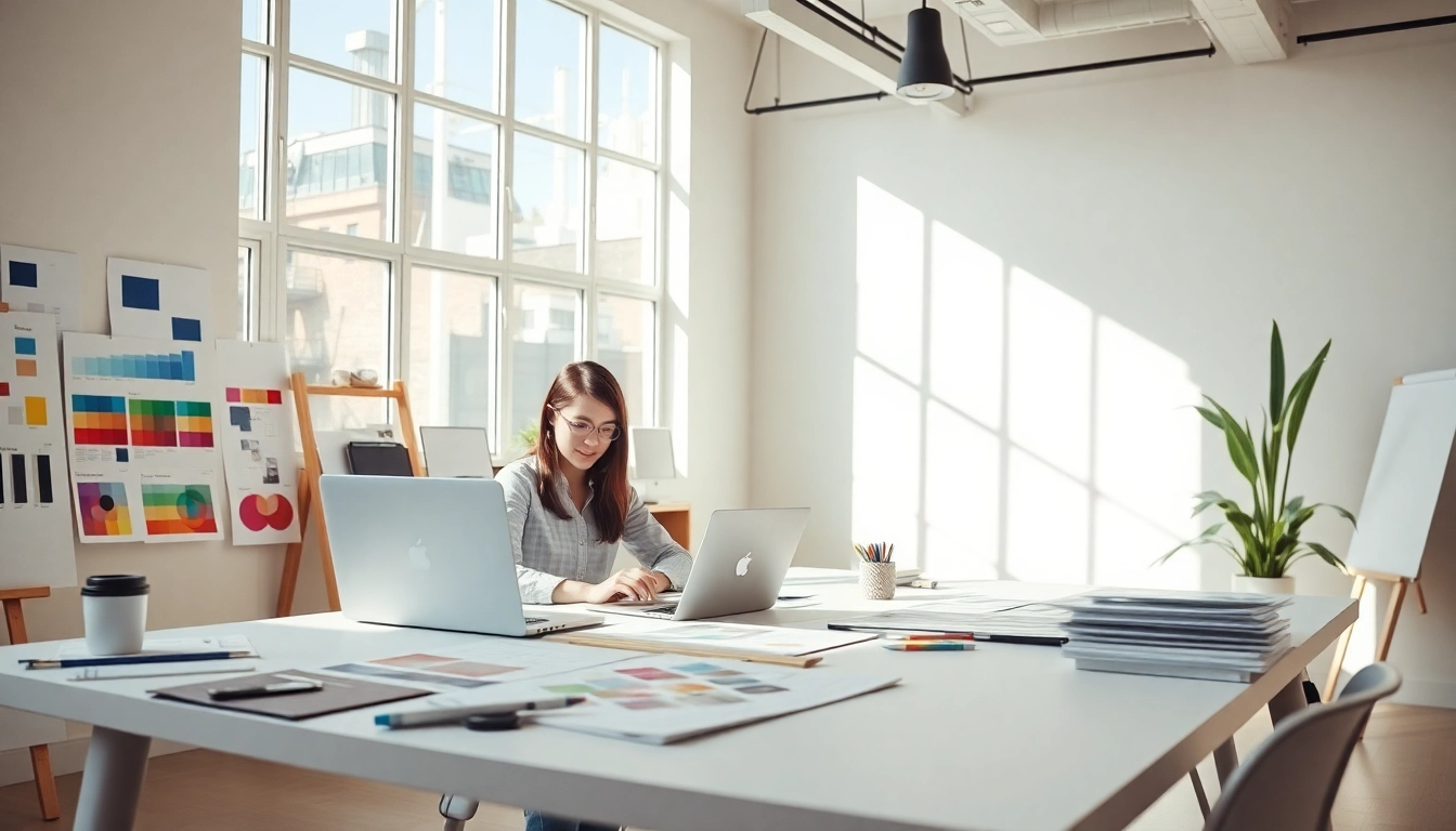 Create stunning web design layouts in a modern studio setting with vibrant colors and creative tools.