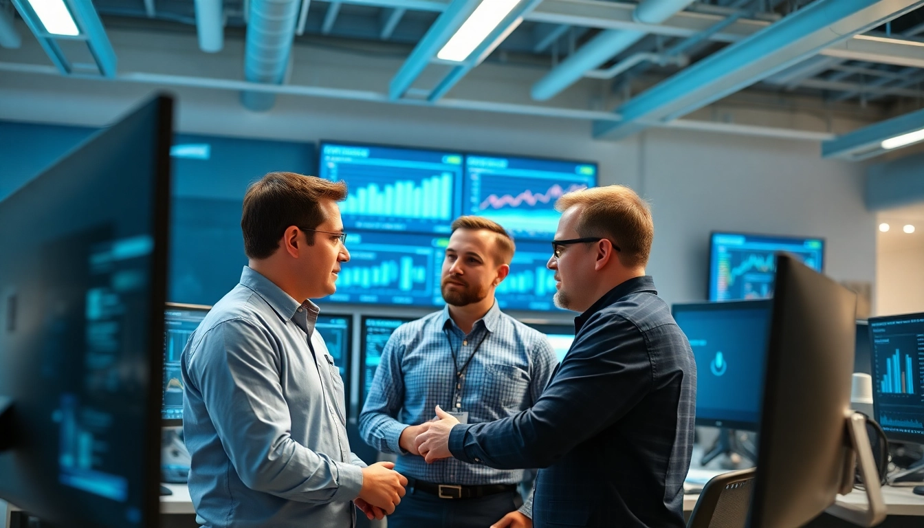 Site reliability engineering experts collaborating in a modern office with data screens.