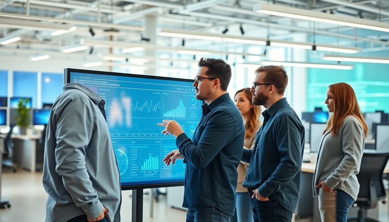 Site reliability engineering experts collaborating in a modern office setting over complex data analytics.