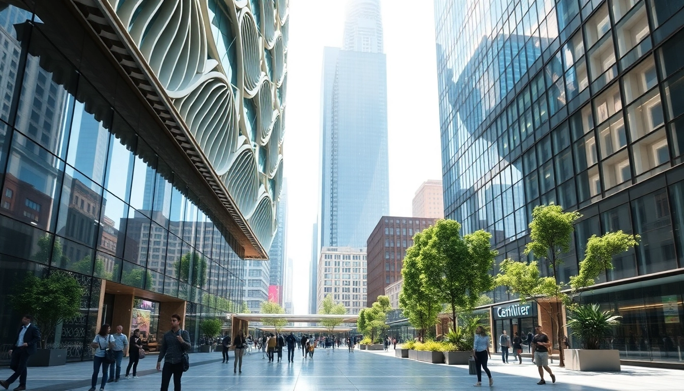 Architektur Visualisierung eines modernen Gebäudes in einer urbanen Umgebung mit lebendigen Details.