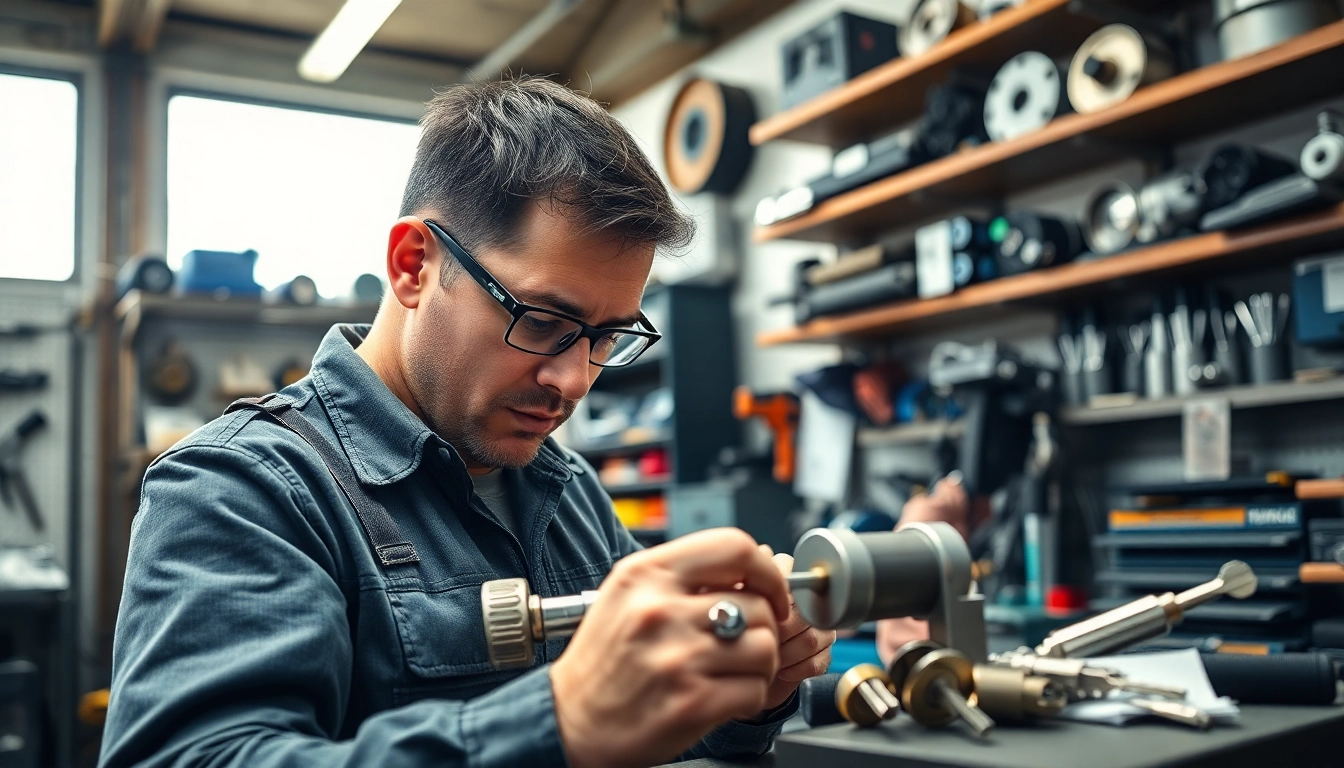 Locksmith expertly cutting truck keys in a well-equipped garage.