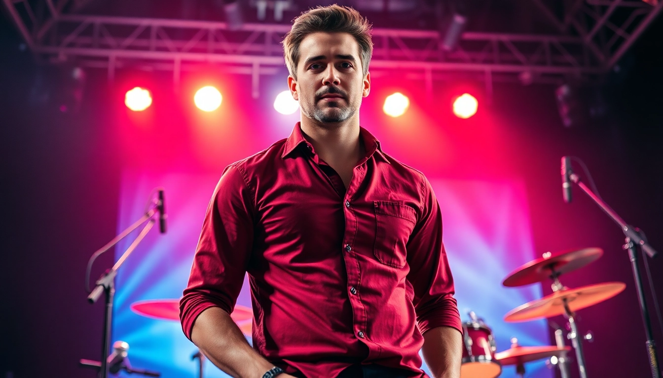 Showcase of vibrant drummer shirts worn by a professional drummer on stage, showcasing musical passion.