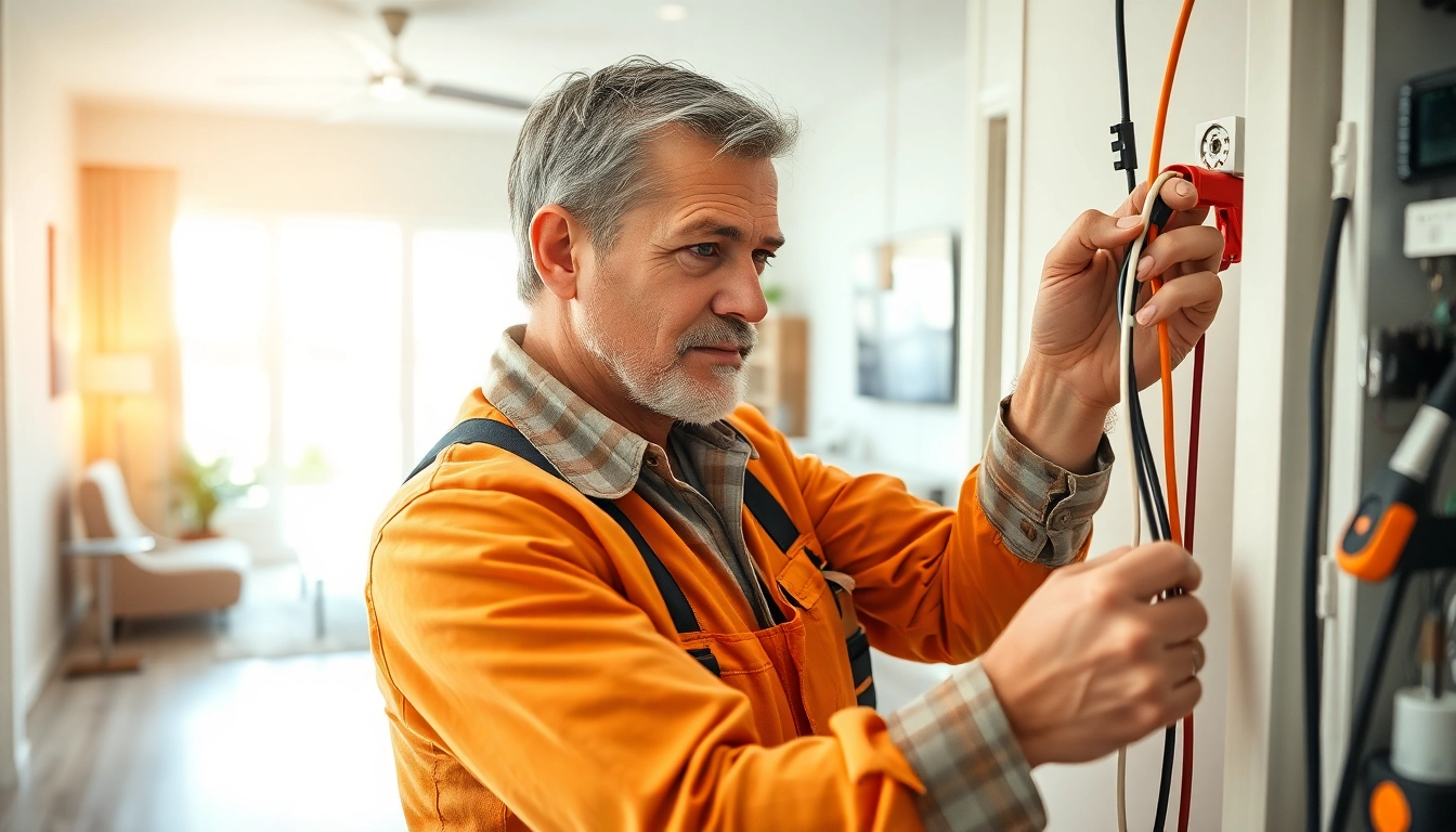 Electrical Contractor inspecting wiring with modern tools in a bright residential setting.