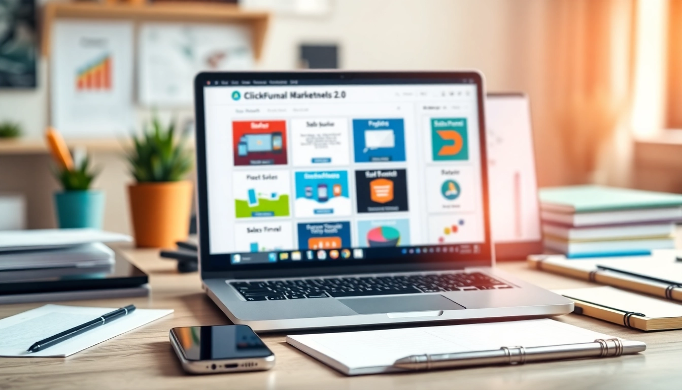 Showcasing ClickFunnels 2.0 on a laptop in a vibrant digital marketing workspace