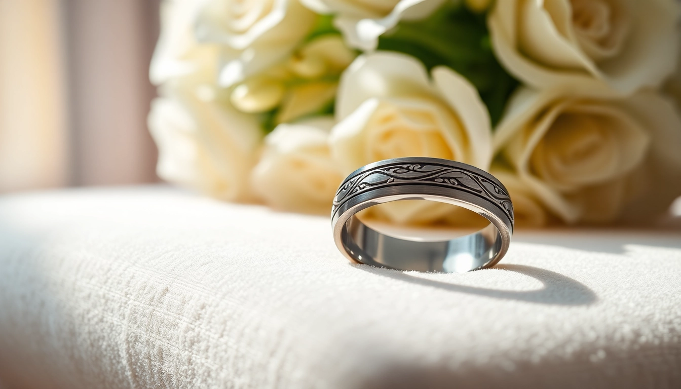 Showcase of a tungsten wedding ring against a velvet backdrop emphasizing elegance and durability.