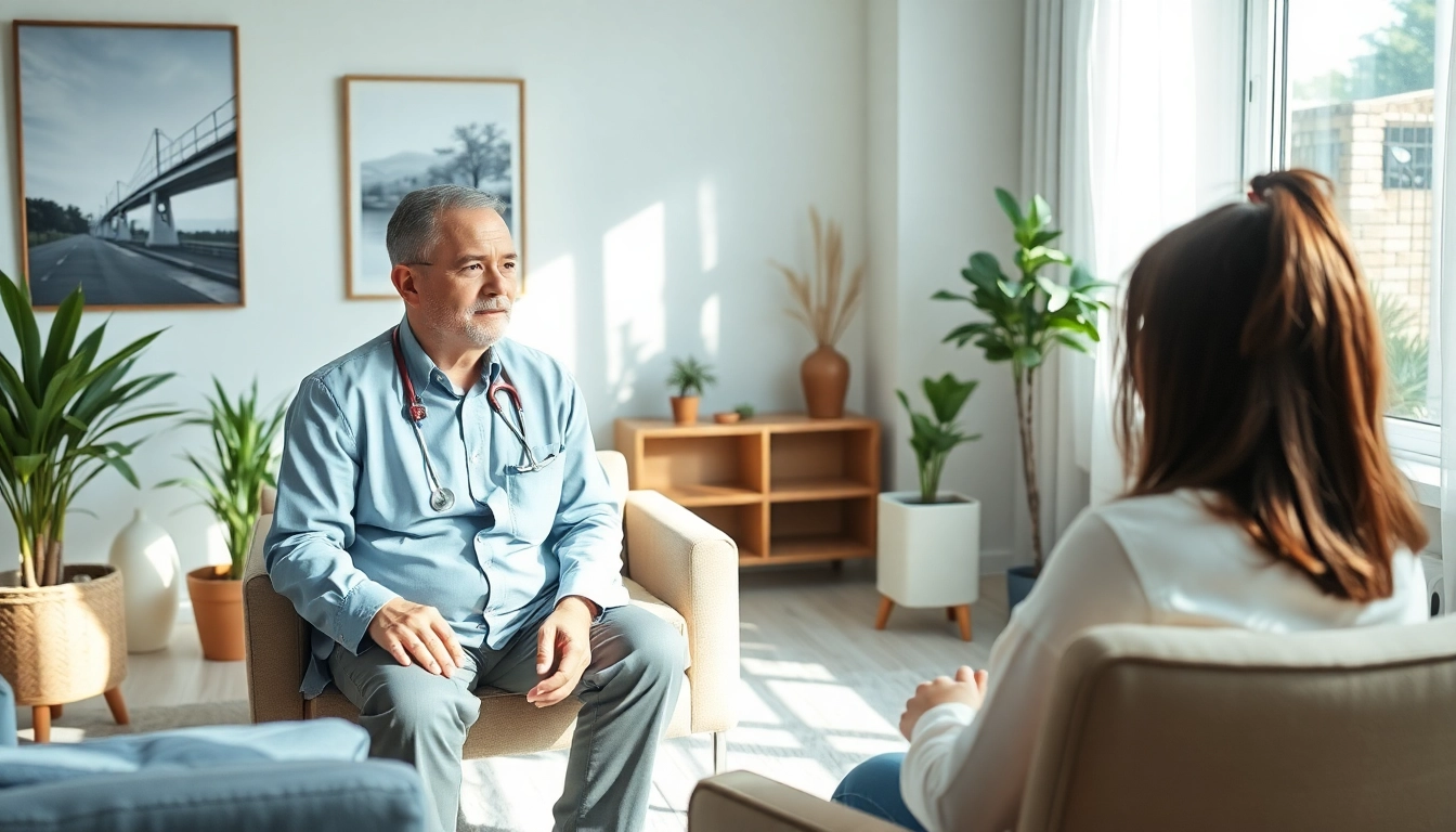 Psychiatrist engaging in a supportive dialogue with a patient in a calming consultation room.