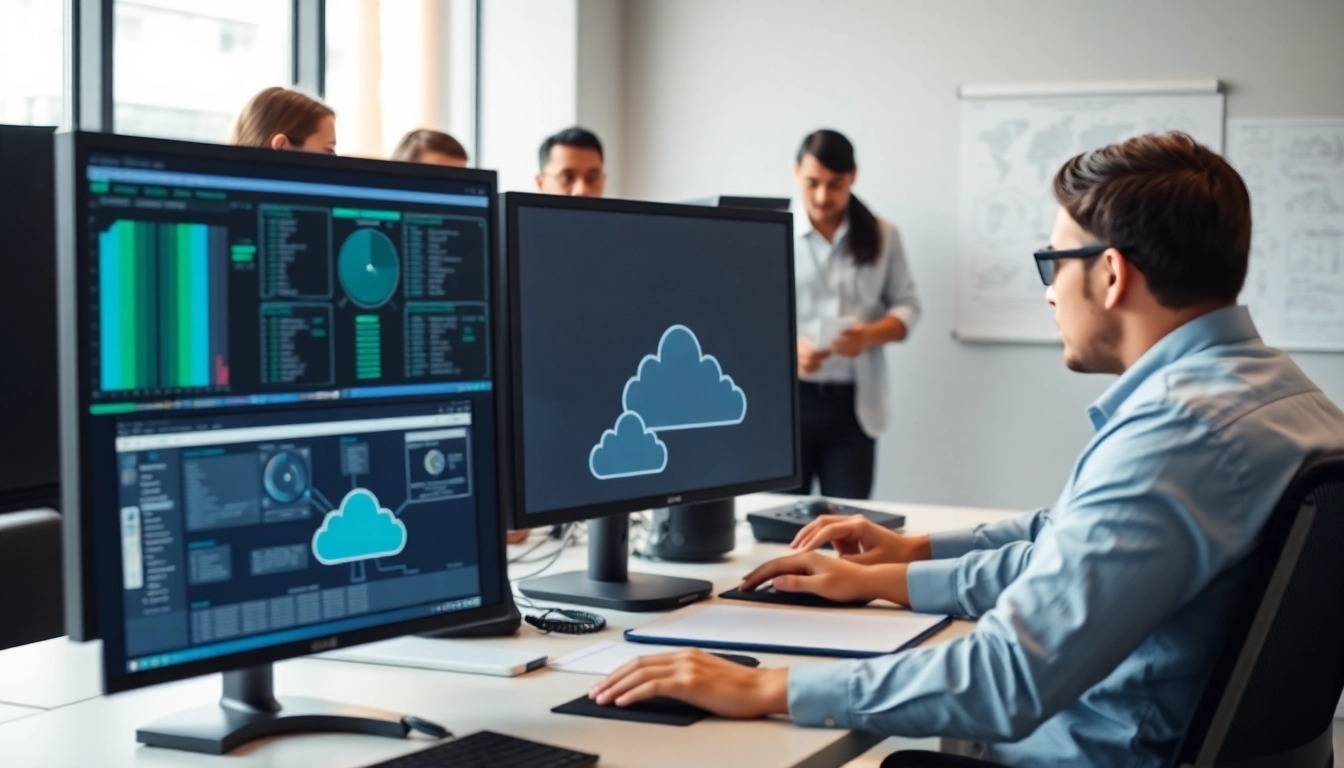 Showcase of a professional managed IT service team working collaboratively in a high-tech office.