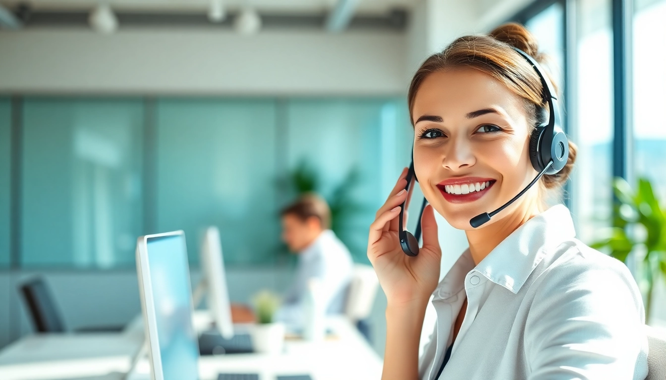 Receptionist joyfully handling phone answering calls in a modern office setting.