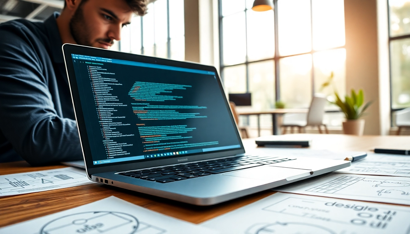 Engaging web development workspace showcasing a laptop and design sketches