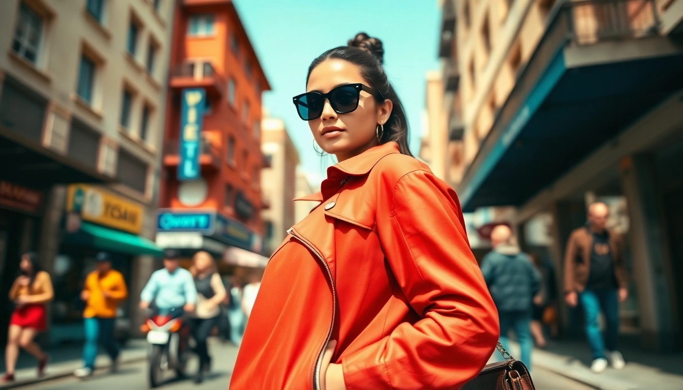Model showcasing stylish jacket women against a lively urban backdrop