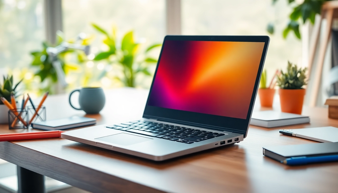 Showcasing a Lenovo Laptop on a sleek desk, emphasizing its modern design and professional workspace.