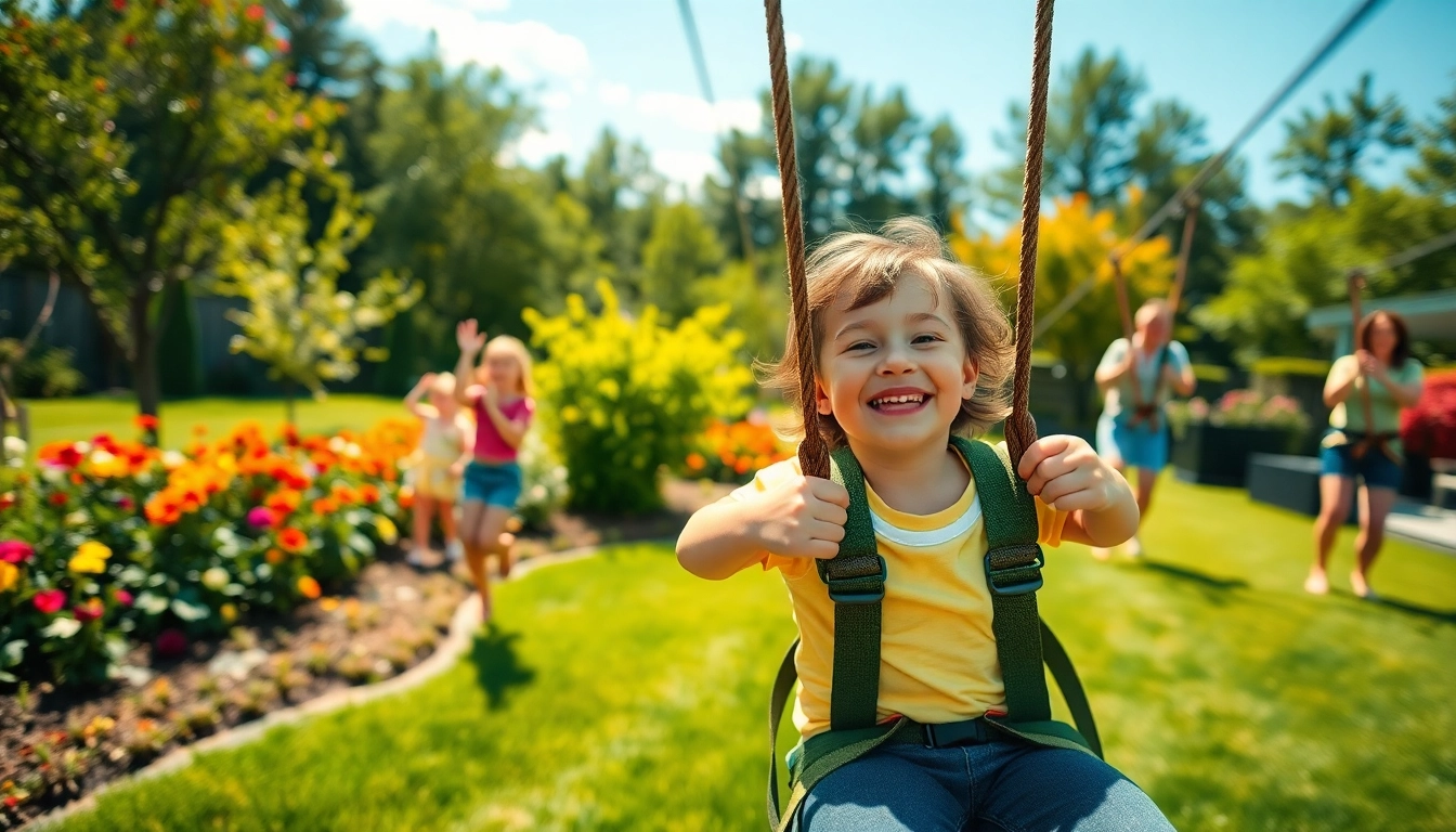 Family enjoying joyride on a ZIP WIRE KIT in a bright sunny backyard.