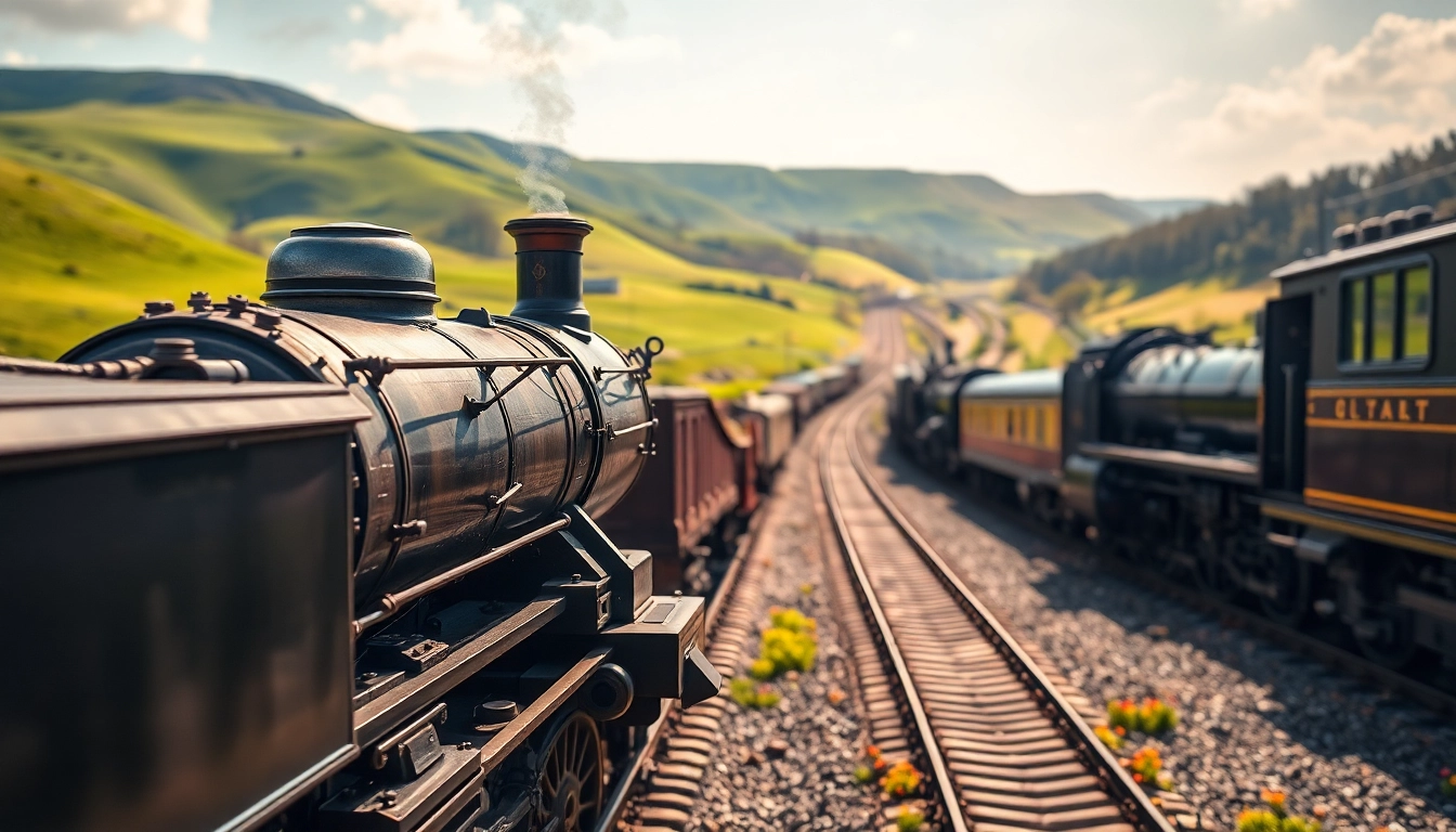 Experience the thrill of railroad tycoon download with this detailed steam locomotive in a vibrant train yard.