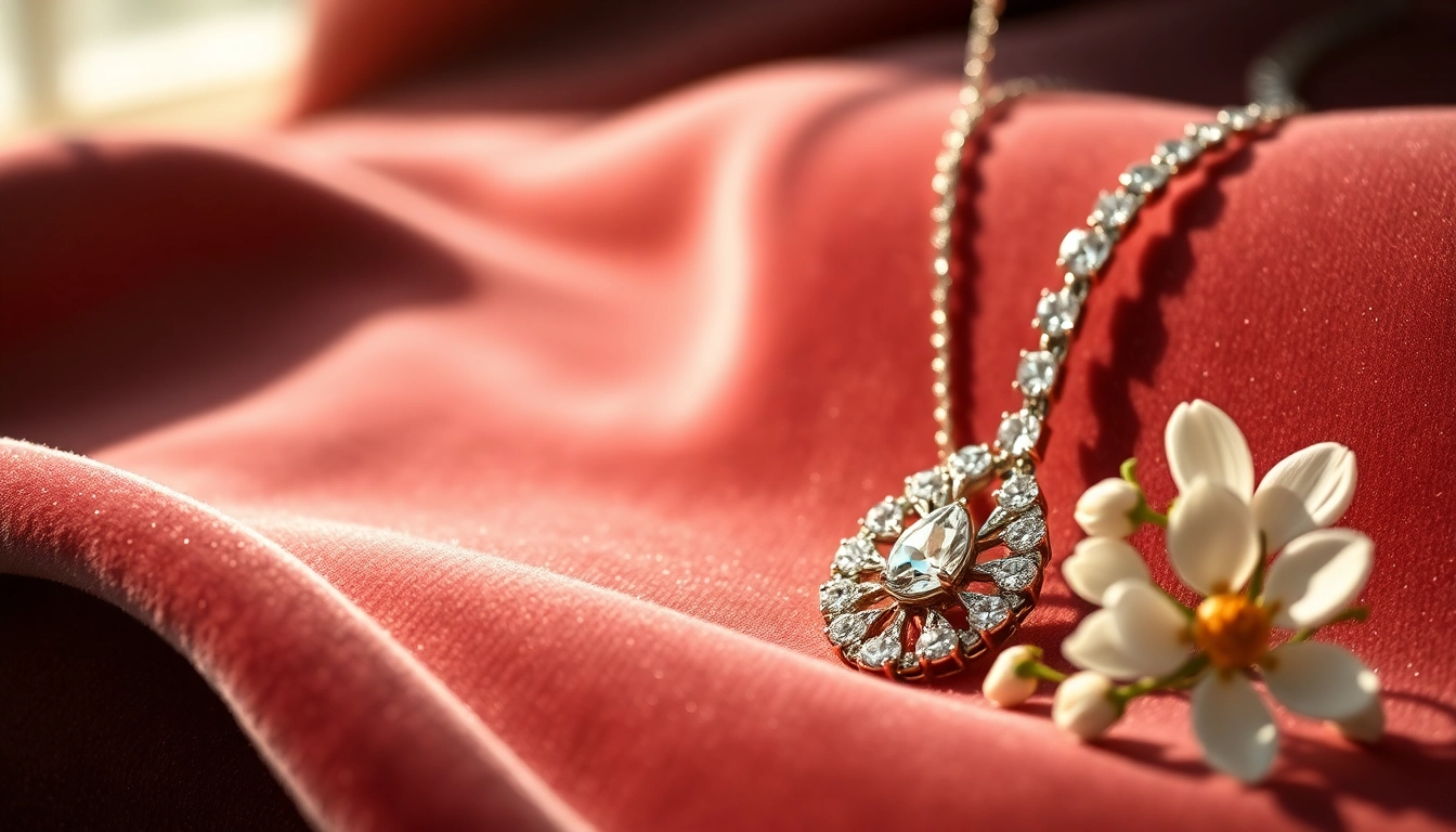 Admire the best jewelry with a stunning diamond-studded necklace set against a luxurious background.