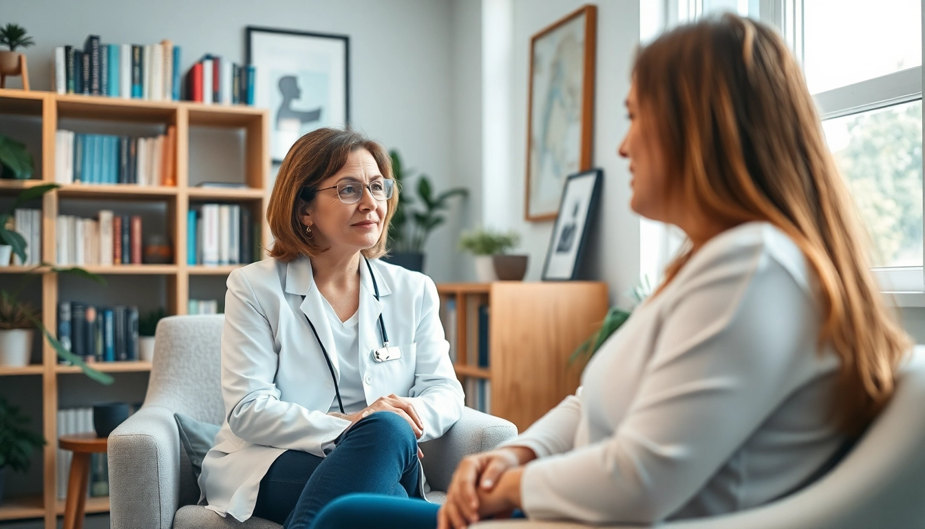 Psychiatrist attentively listening to a patient in a calm consultation room.