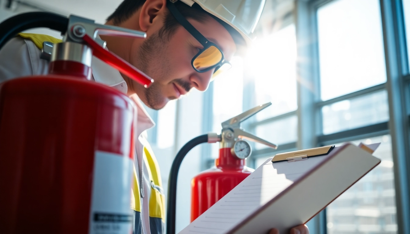 Inspecting a fire extinguisher during a safety check with a clipboard.
