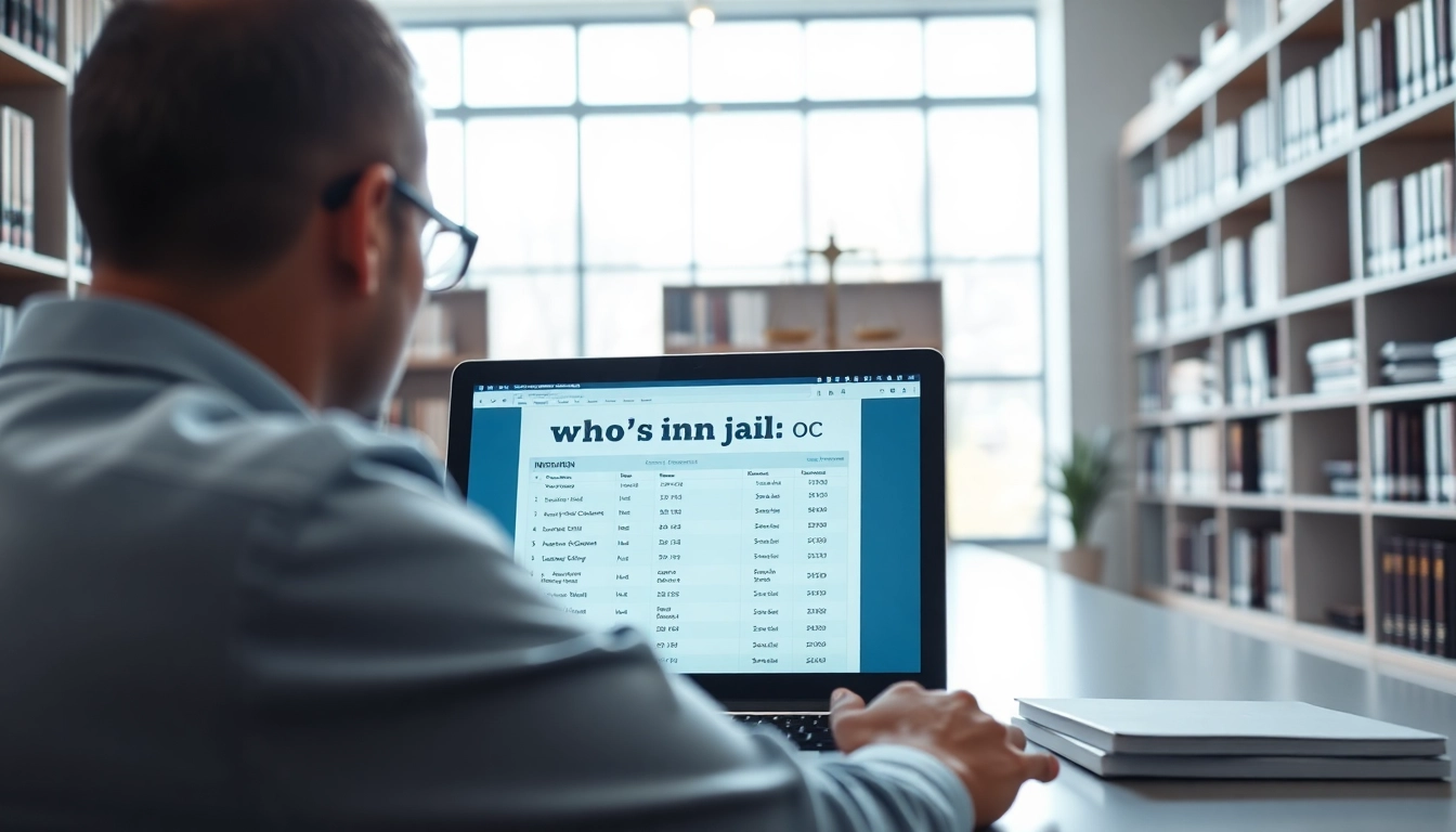Searching for whos in jail oc inmate information on a laptop in a professional setting.