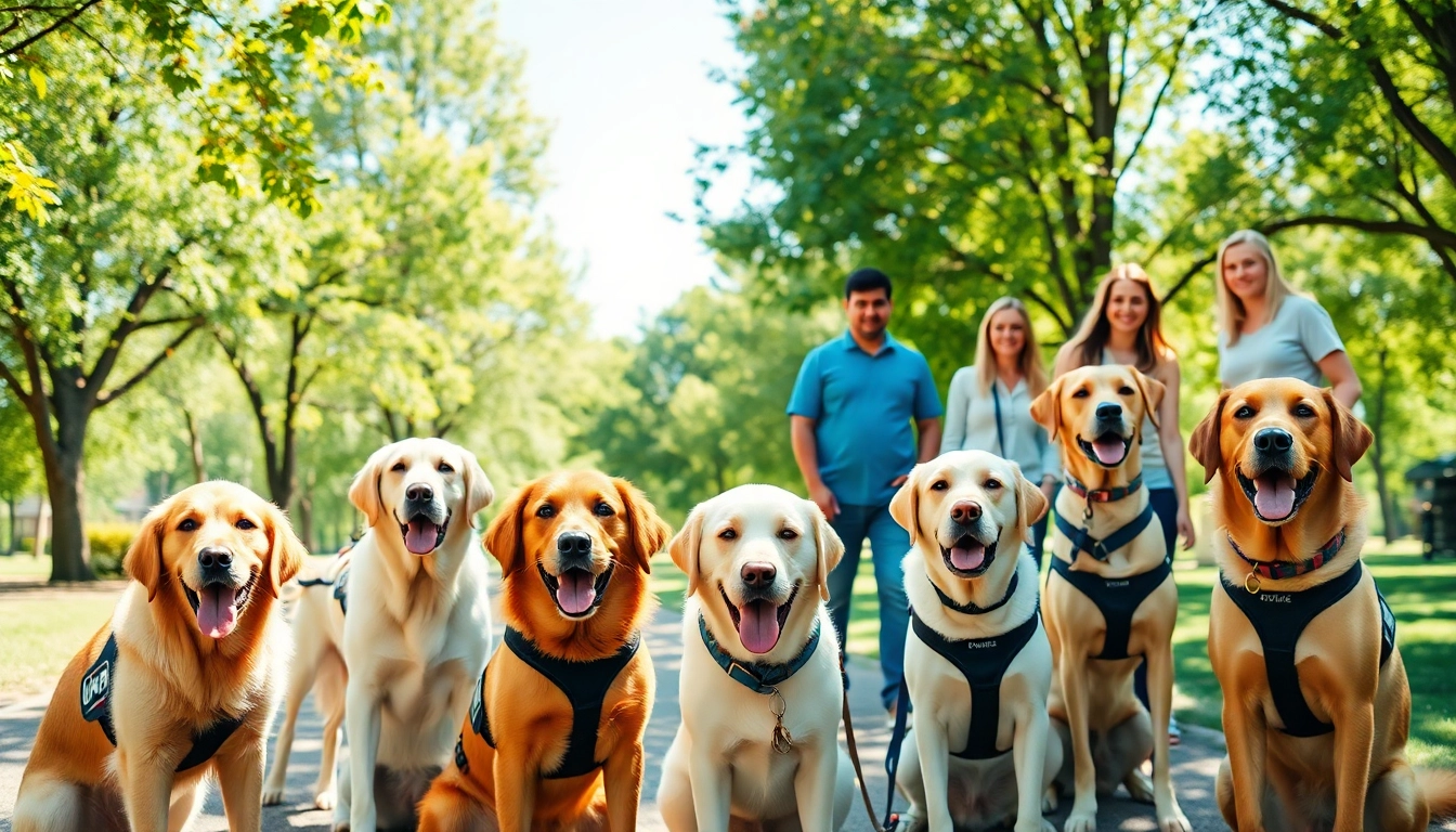 Individuals interacting with service dogs for sale in a sunny park.