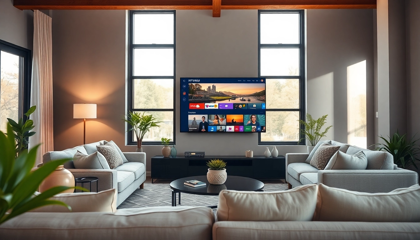Comprar IPTV en una configuración moderna de sala de estar con televisión y sofá acogedor.