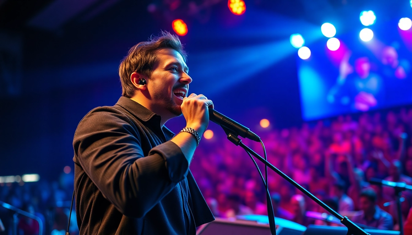 Showcasing music promotion services, a passionate artist performs live on stage surrounded by an energetic audience.