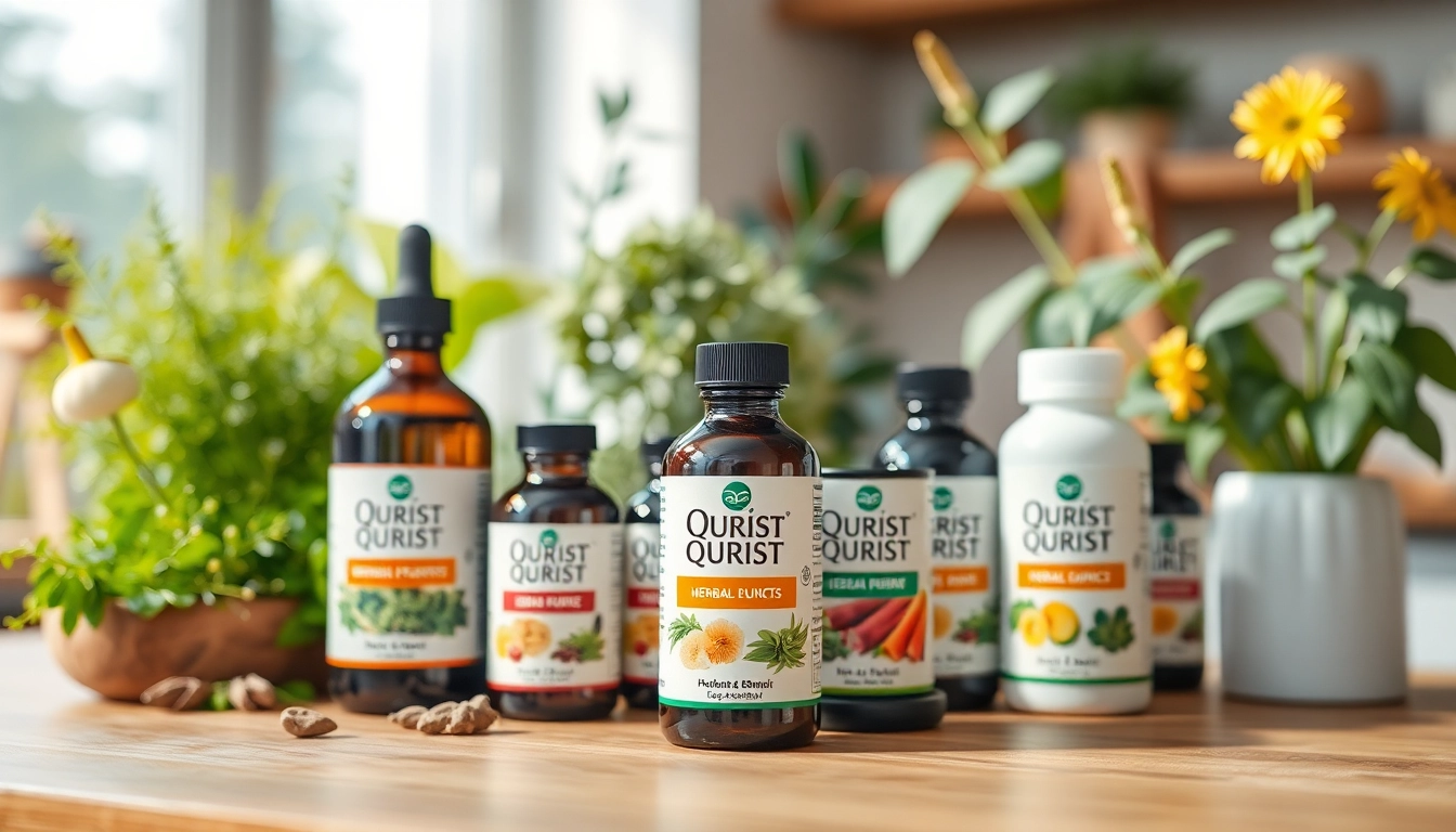 Showcase of Qurist herbal medicine products arranged aesthetically on a wooden countertop.