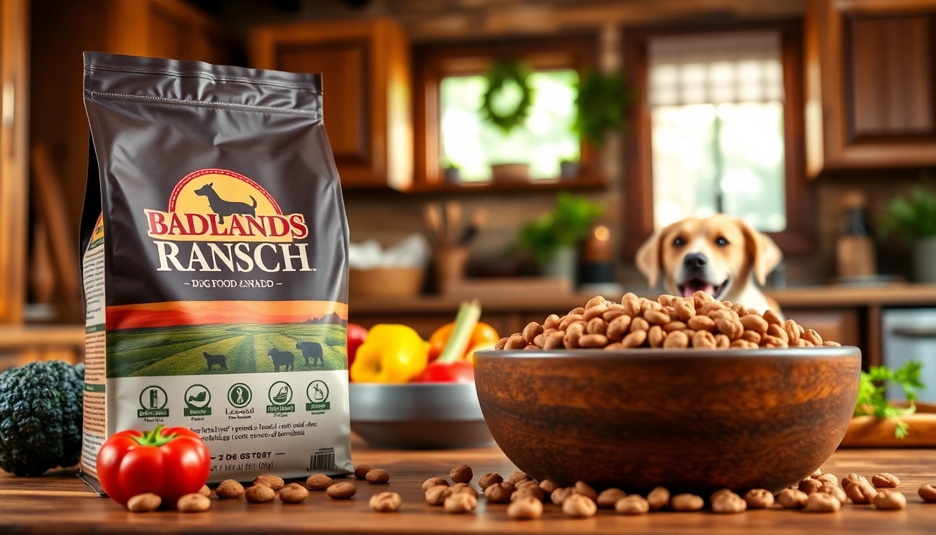 Showcasing Badlands Ranch Dog Food Canada with high-quality ingredients in a cozy kitchen setting.