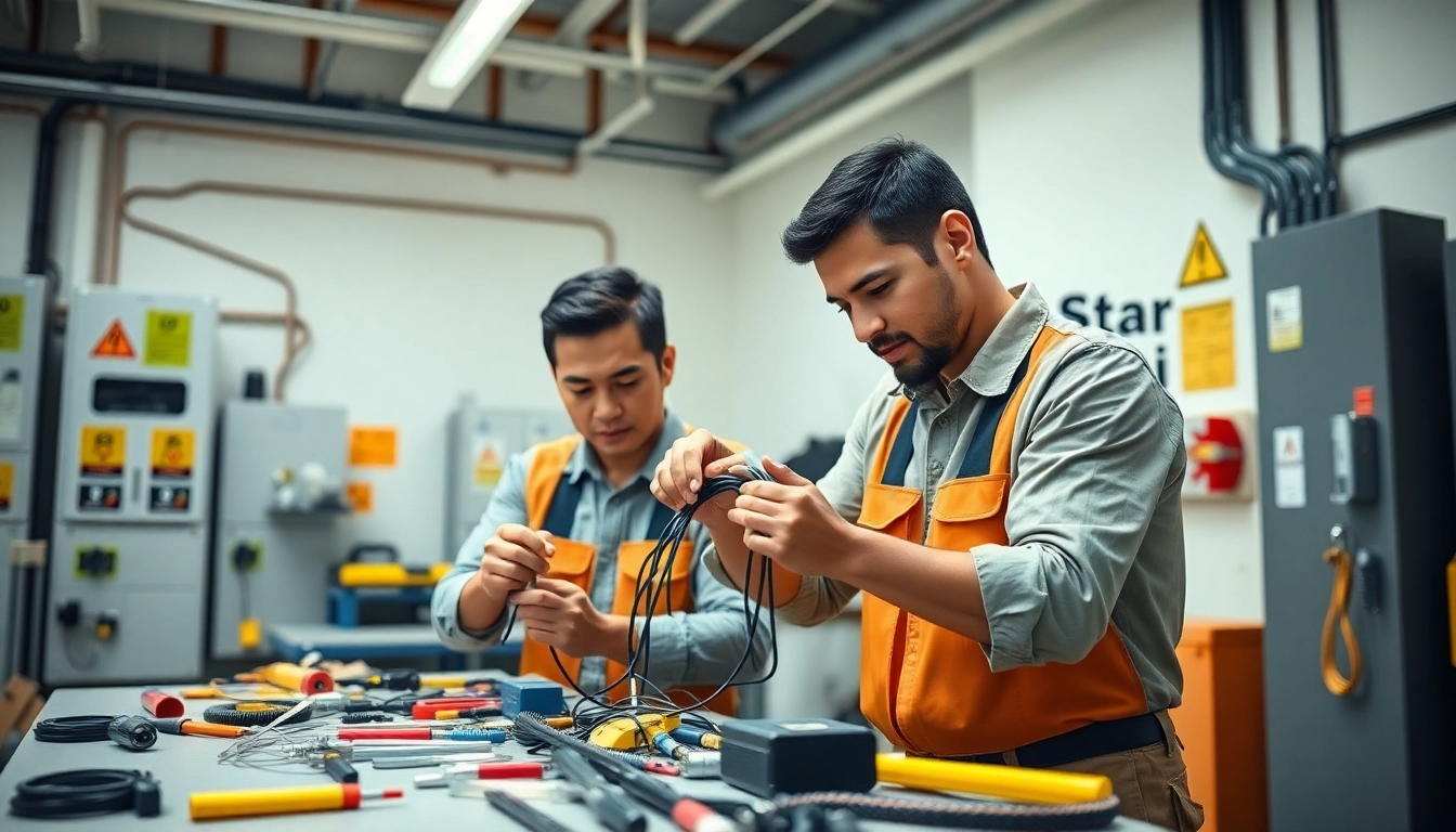 Electrician apprenticeship hawaii in action with two apprentices collaborating in a workshop.
