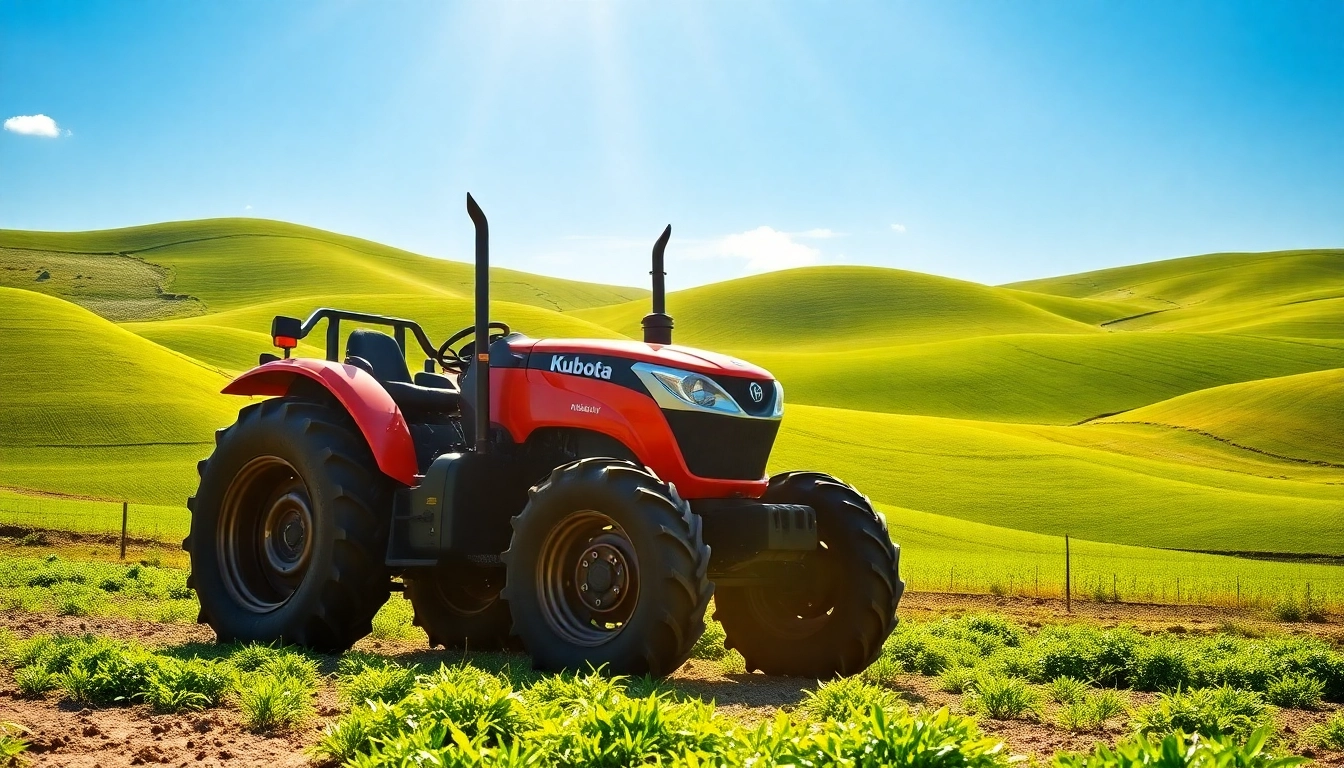 Hier sieht man einen Kuboata Traktor, der dynamisch in einem ländlichen Umfeld fotografiert wurde.
