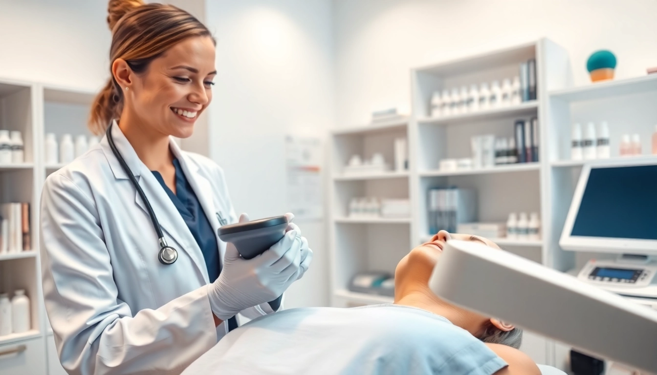 Experience cosmetic dermatology treatments in a professional setting with advanced equipment.