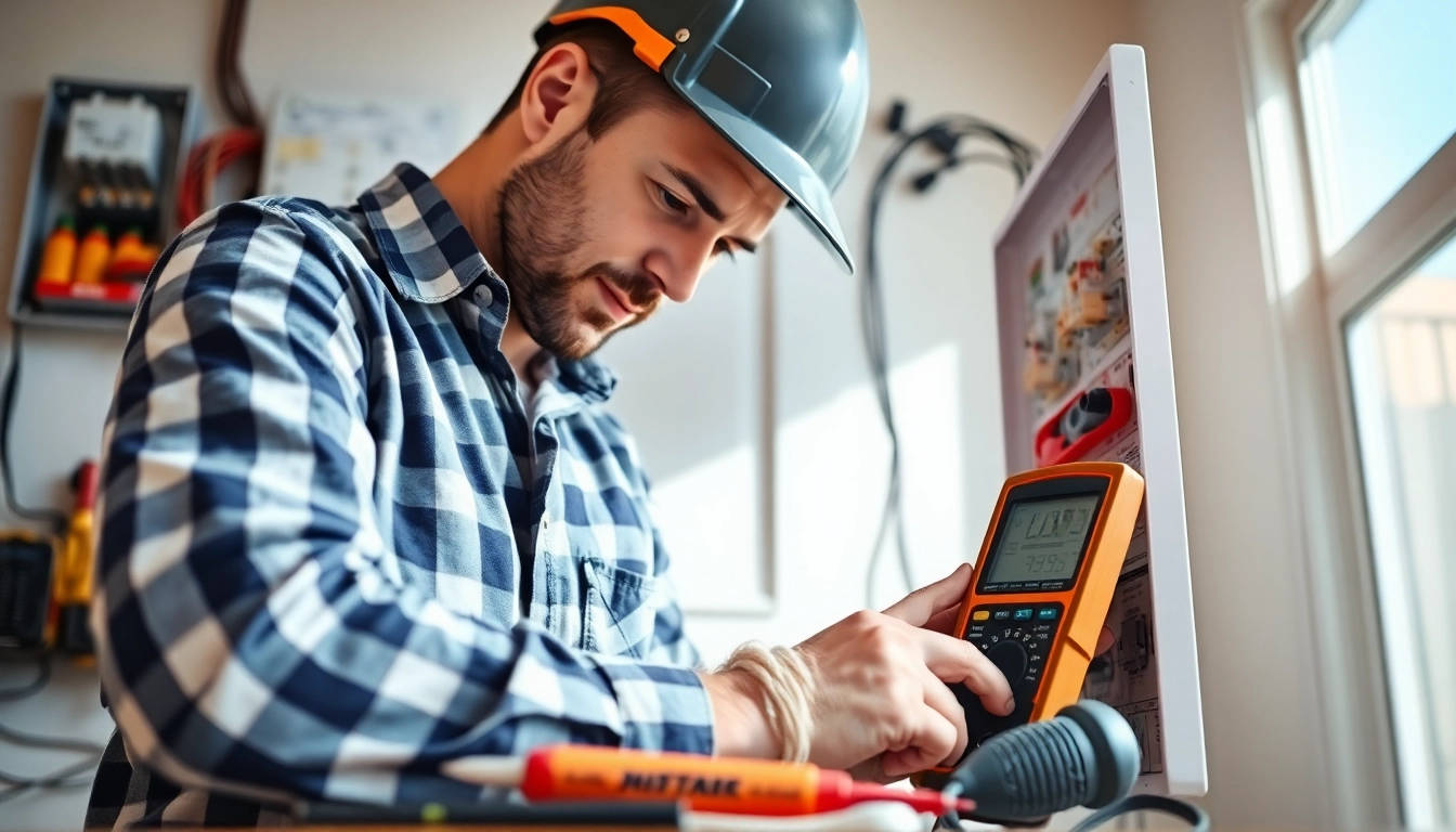 Electrician performing an Electrical Panel Upgrade with tools and a clean workspace.