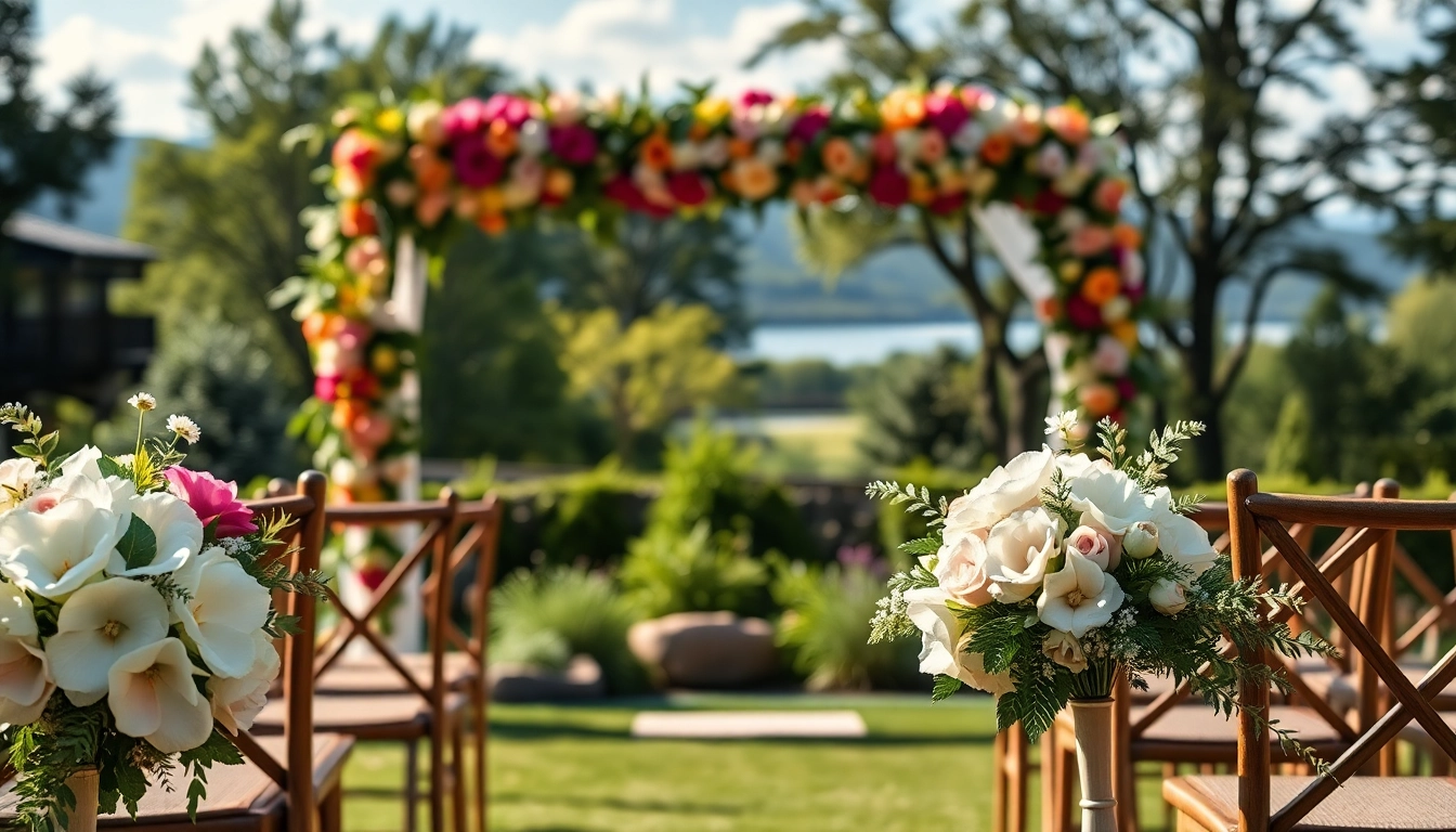 Discover a charming outdoor setting for Clarksburg wedding venues with floral decorations and serene lake views.